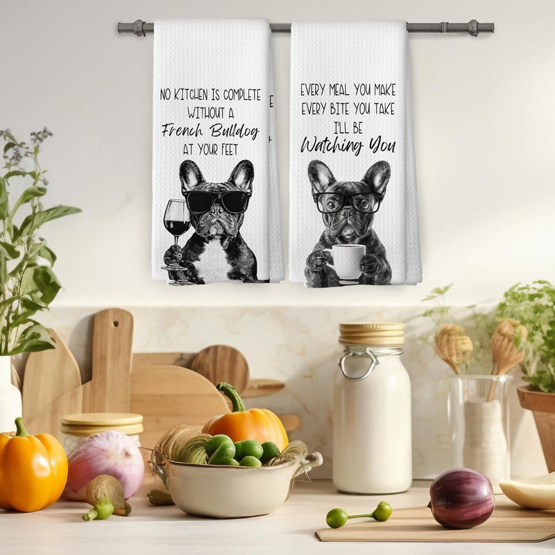 Mcehtle Funny French Bulldog Kitchen Towels Set of 2, Dog Kitchen Accessories, Coffee Station Decor, Dog Chef Gift Hand Towel, Dining Room Decorative Tea Towel Dish Towels 16x24 Inch - Image 4